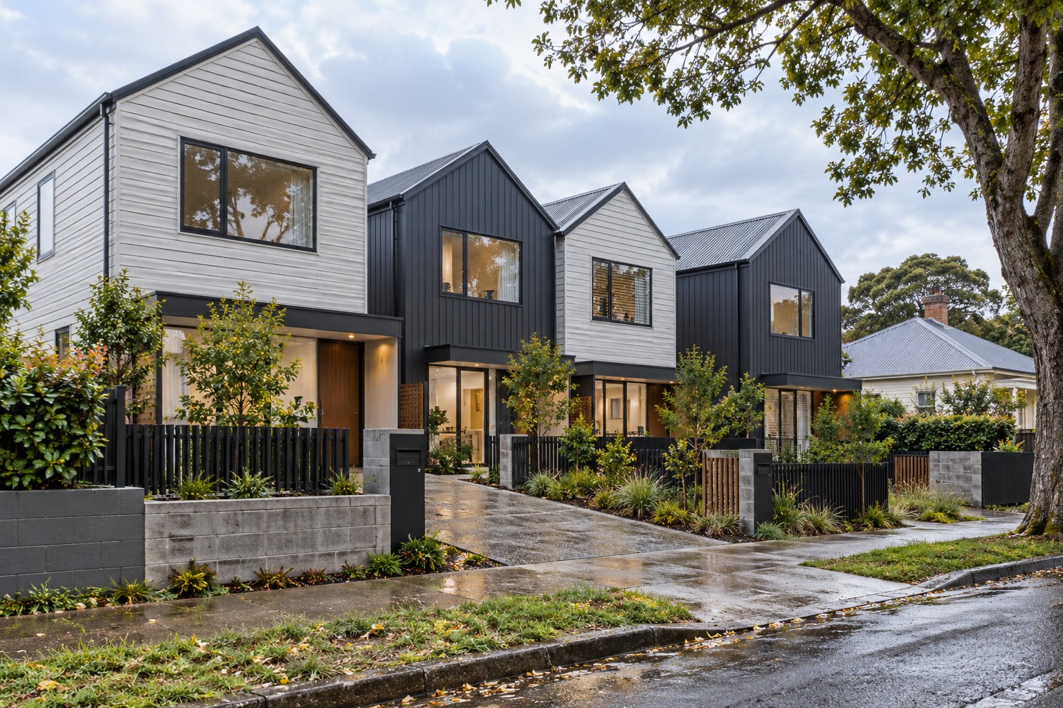 AI-generated illustration of contemporary Auckland-style townhouses