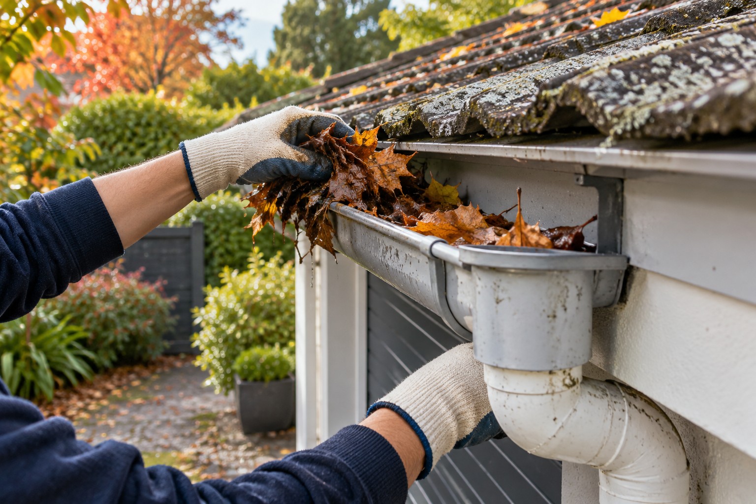 AI-generated illustration of autumn leaves being cleared from a rain gutter