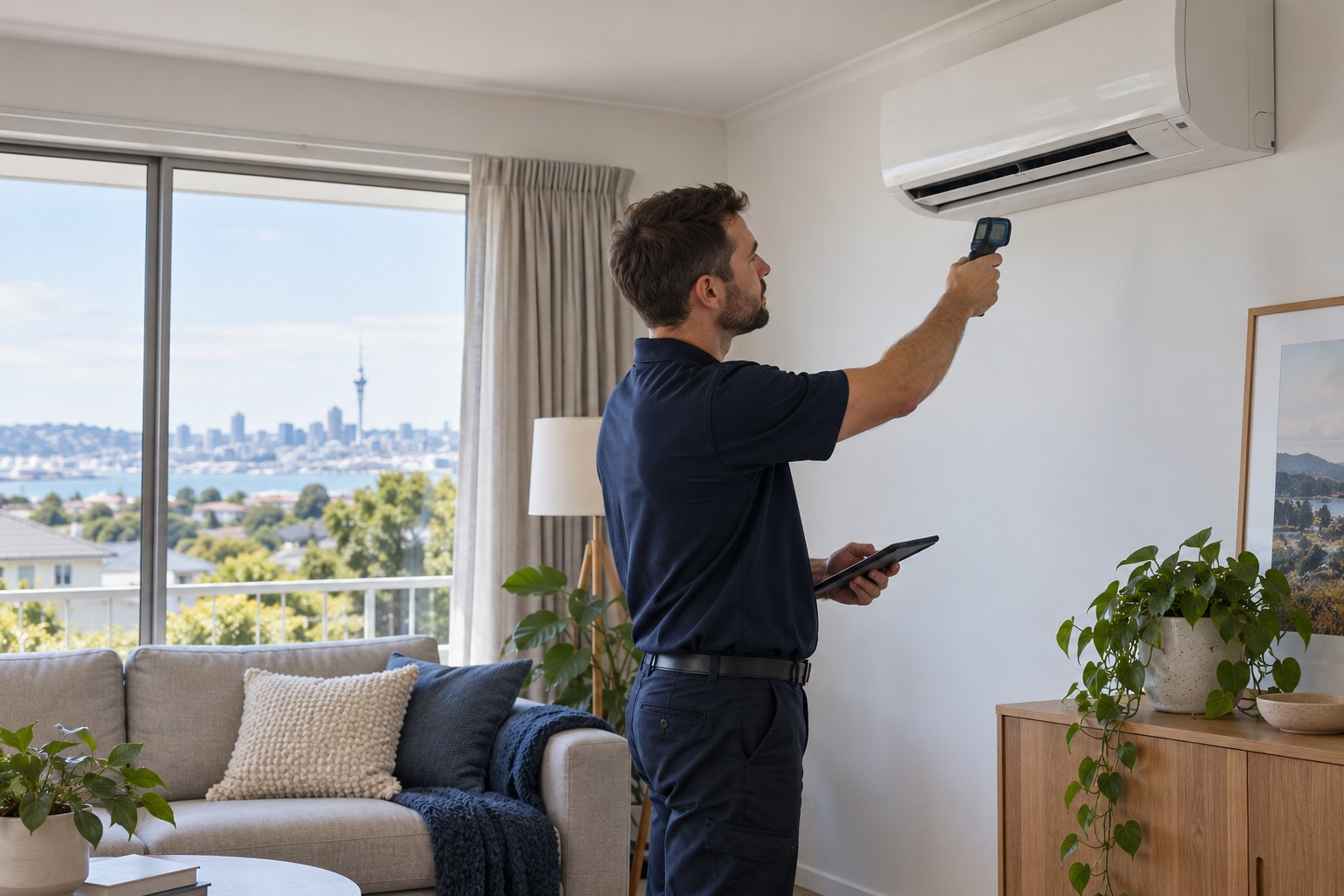 AI-generated illustration of an assessor checking a rental home's heat pump
