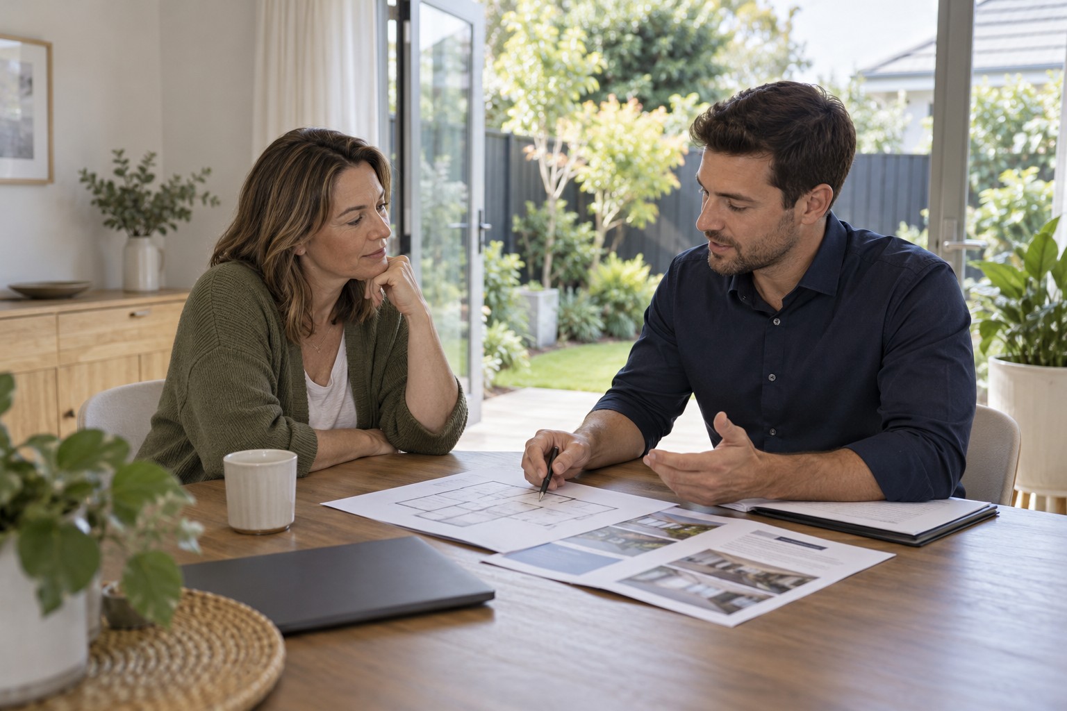 AI-generated illustration of an owner discussing property management with a manager