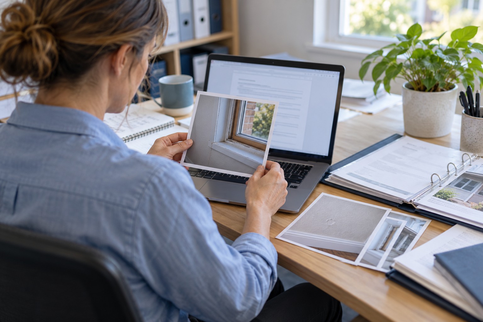 AI-generated illustration of a property manager checking inspection photographs against a draft report